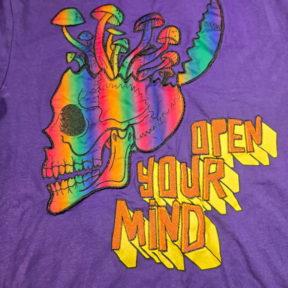 Create 2MRW Open Your Mind T-Shirt Men’s XL Embroidered Skull Mushrooms Graphic - Picture 2 of 7